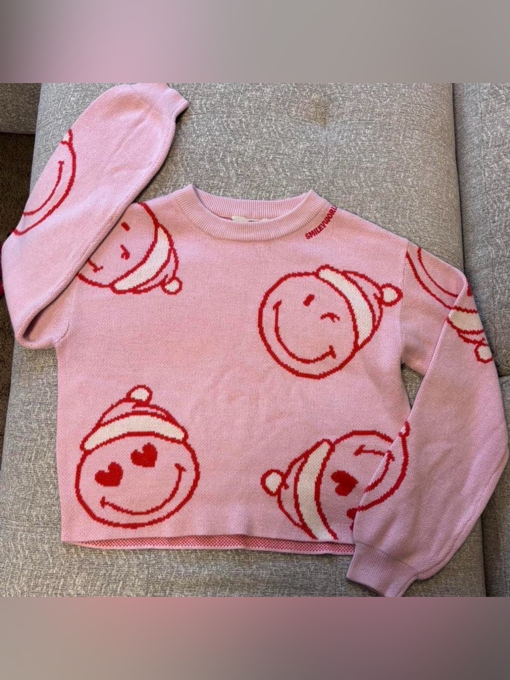 H&M Pink Crewneck Sweater with Red Smiley Faces (teen size 20- Adult XS Cropped